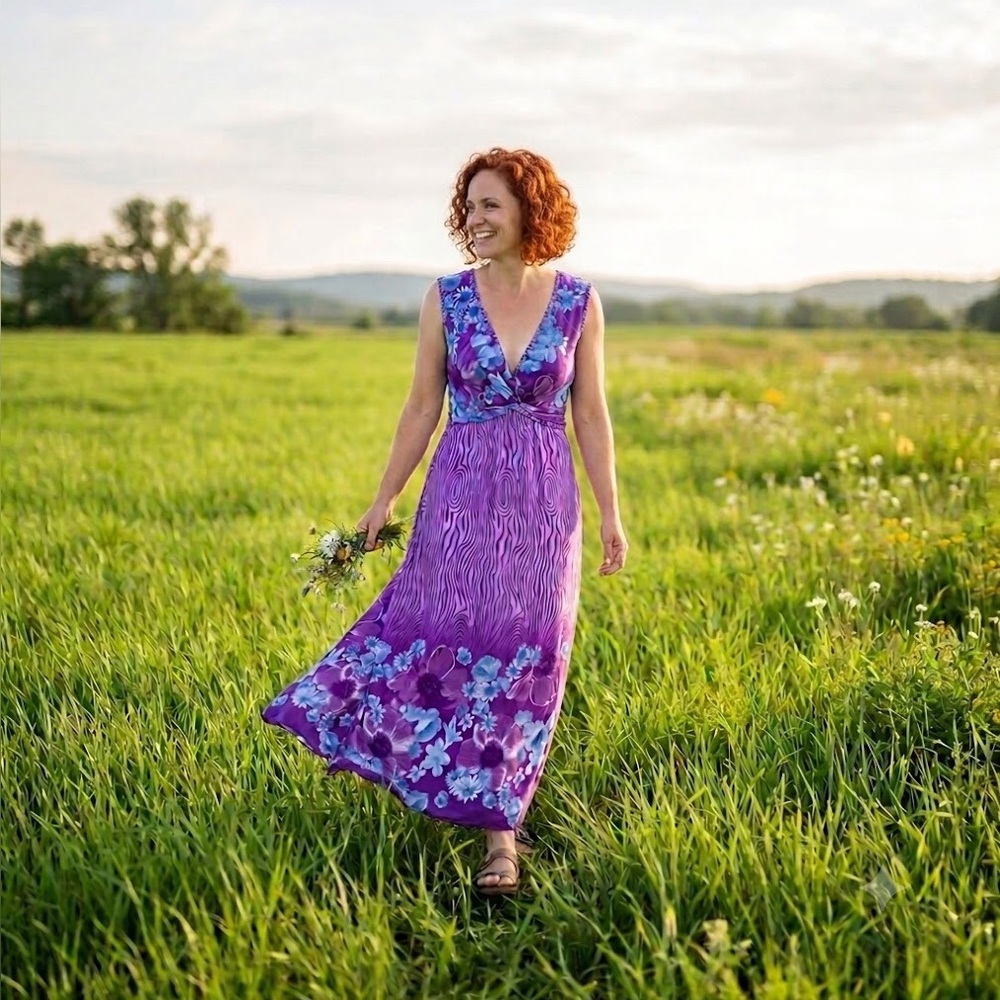 FC Purple Floral V-Neck Maxi Dress with Empire Waist